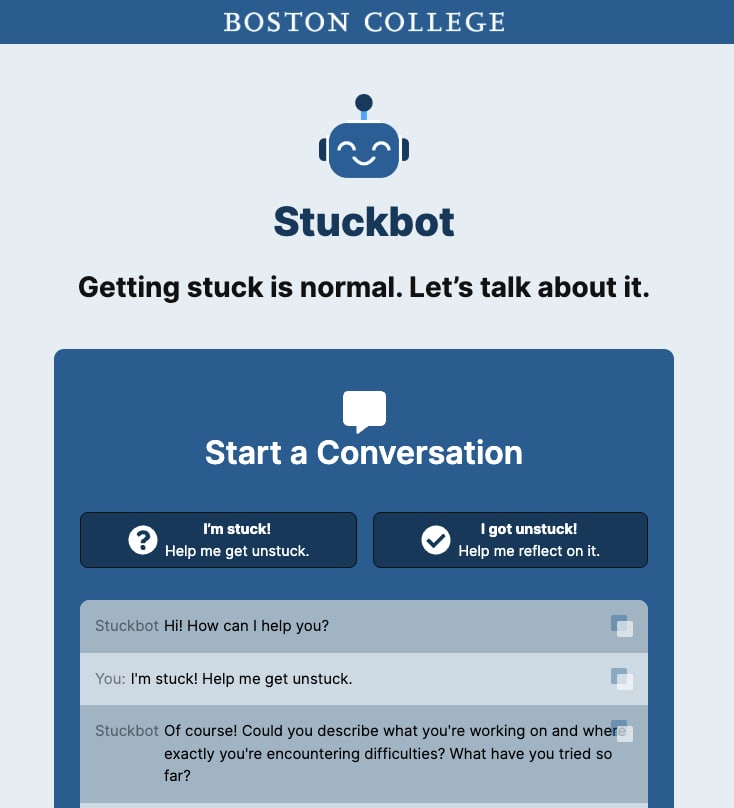Screenshot of chatbot - Stuckbot - Getting stuck is normal. Let's talk about it. 